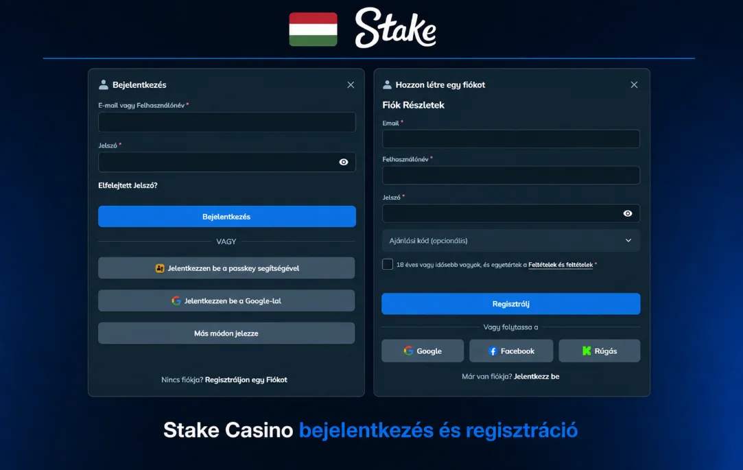 Bejelentkezési és regisztrációs felület a Stake Casino oldalán